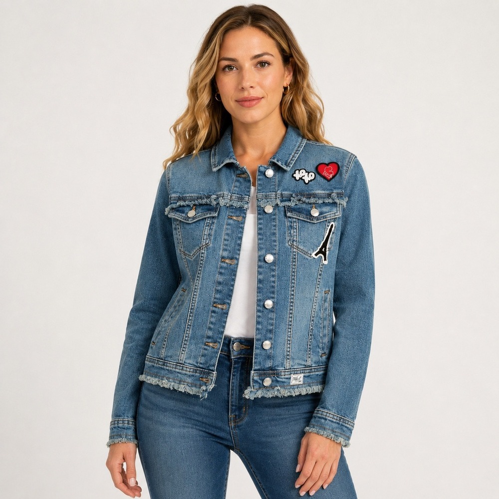 Karl Lagerfeld Paris Women's S Patch Denim Jacket Frayed Stretch Blue NWT